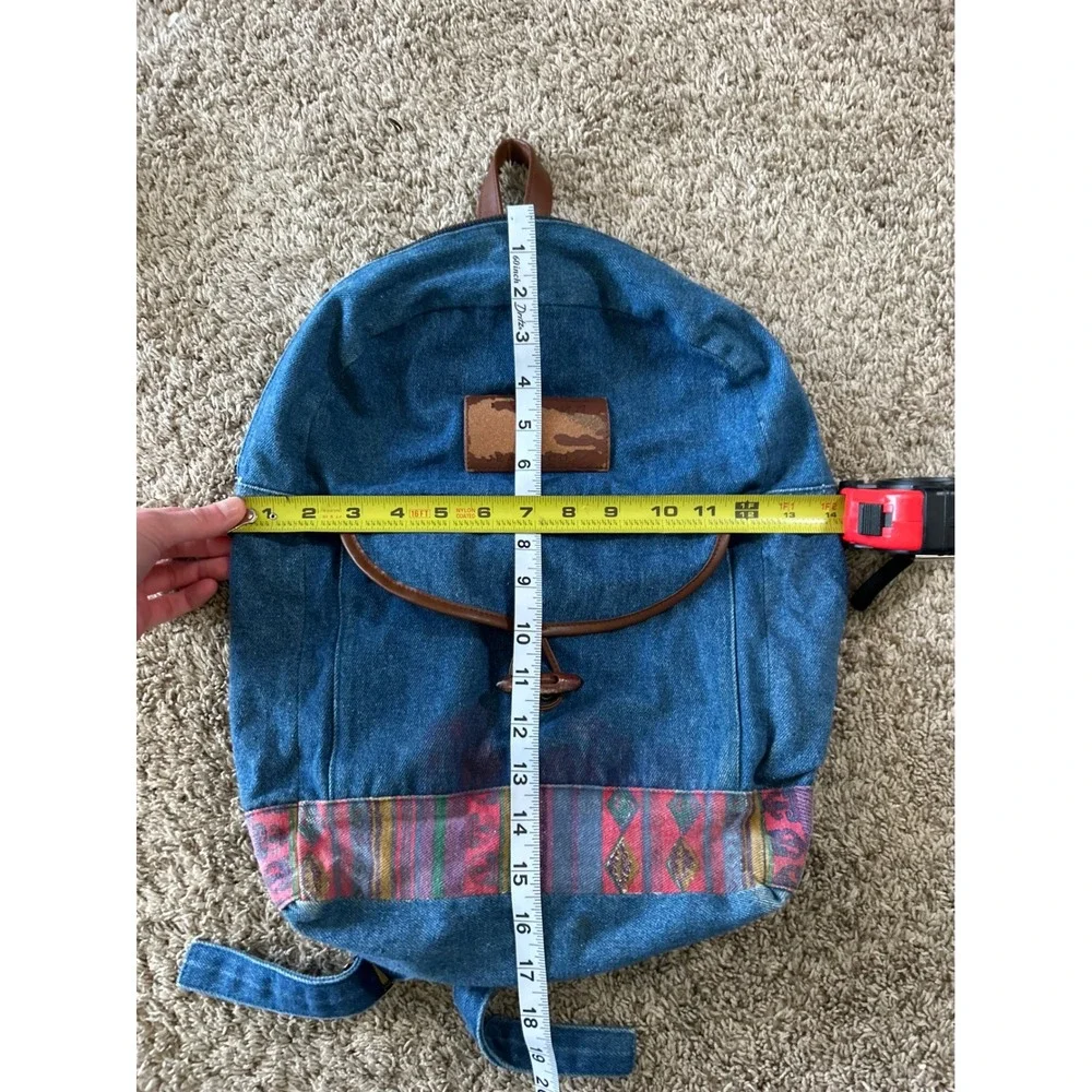 Vintage Denim‎ Backpack Blue Western Aztec Boho Wood Toggle Faux Leather Trim